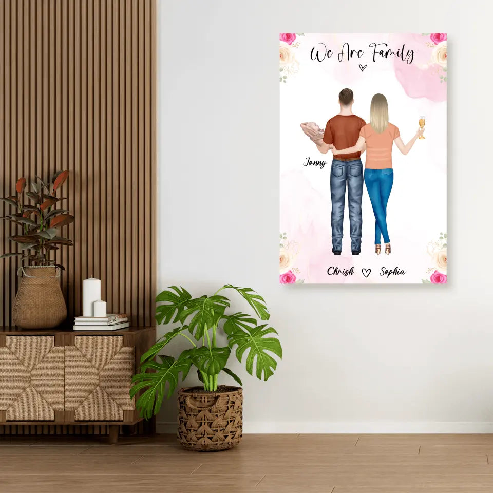 Personalisiertes Geschenk Ehepaar mit neugeborenem Baby - Alu-Dibond