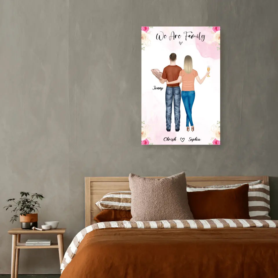 Personalisiertes Geschenk Ehepaar mit neugeborenem Baby - Alu-Dibond