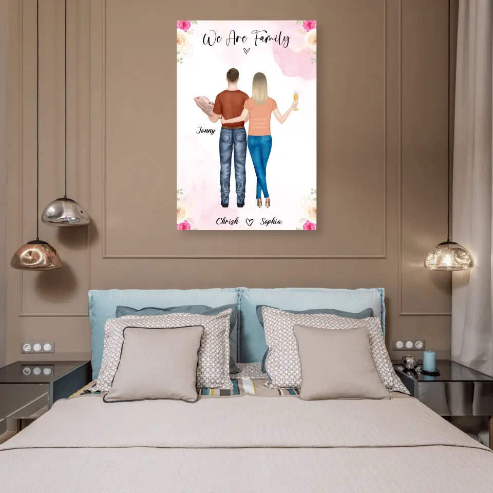 Personalisiertes Geschenk Ehepaar mit neugeborenem Baby - Alu-Dibond