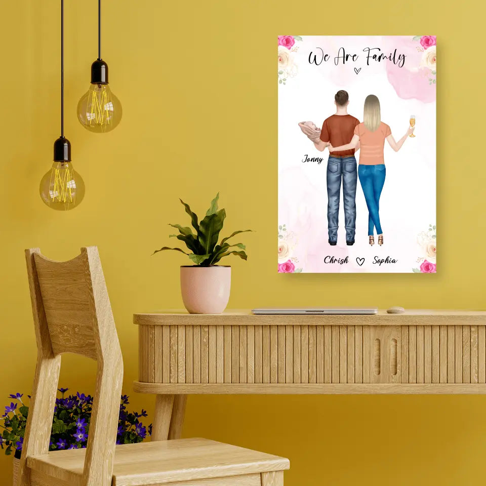 Personalisiertes Geschenk Ehepaar mit neugeborenem Baby - Alu-Dibond