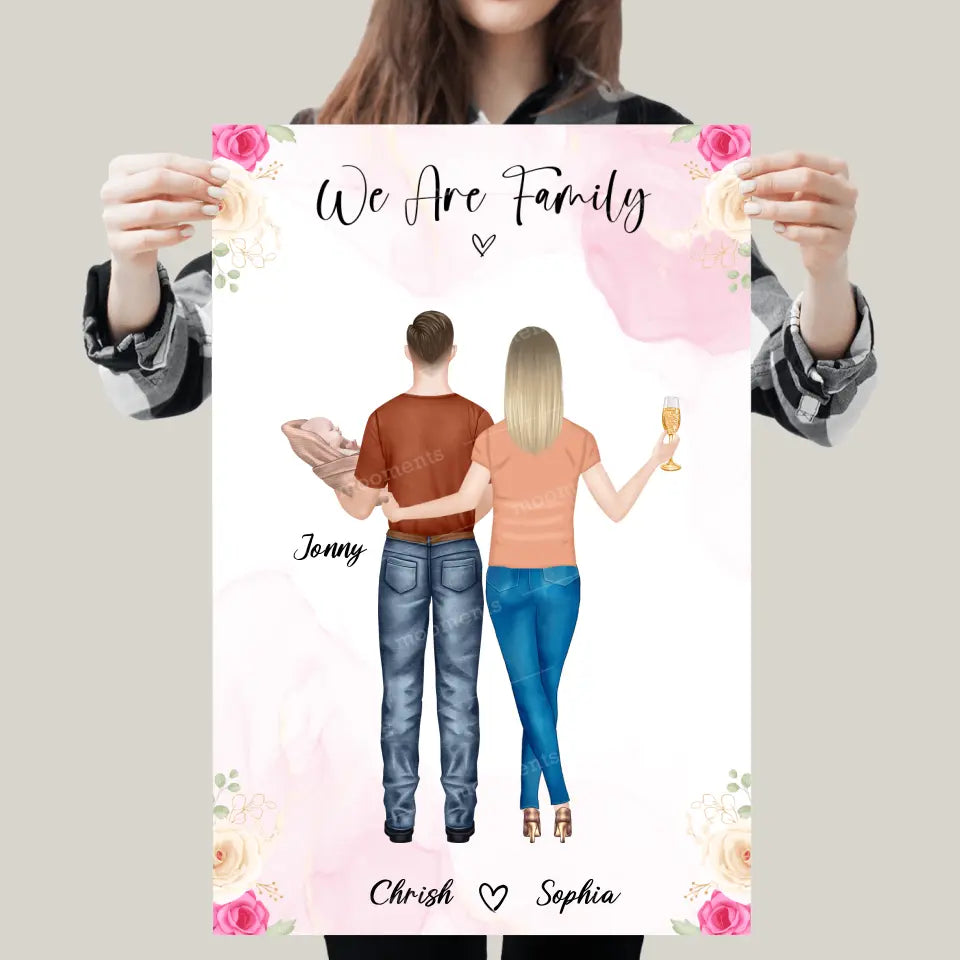 Personalisiertes Geschenk Ehepaar mit neugeborenem Baby - Alu-Dibond