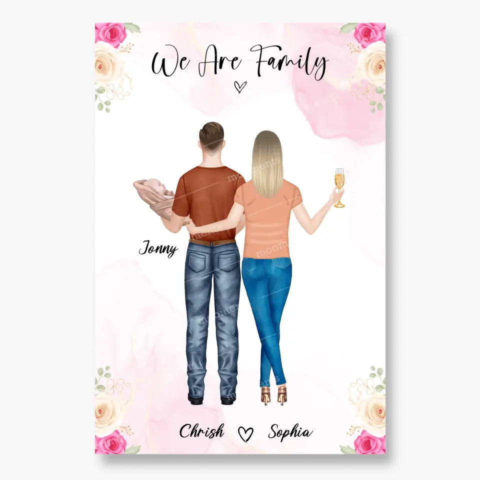 Personalisiertes Geschenk Ehepaar mit neugeborenem Baby - Alu-Dibond