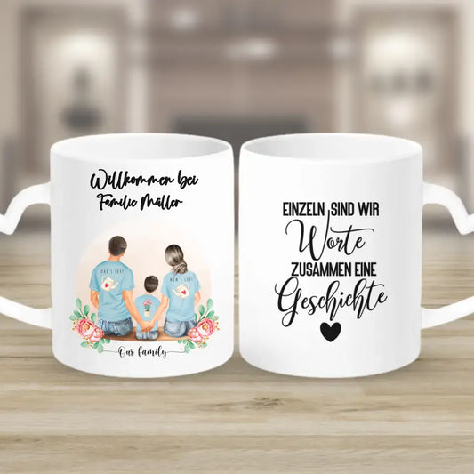 Vater und Mutter mit einem Jungen - Personalisiertes Geschenk - Herz Tassen