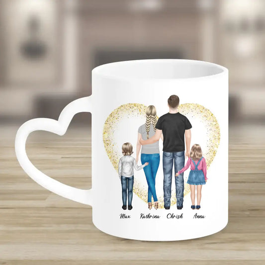 Ehepaar mit Tochter und Sohn - persönliches Wandbild - Herz Tassen