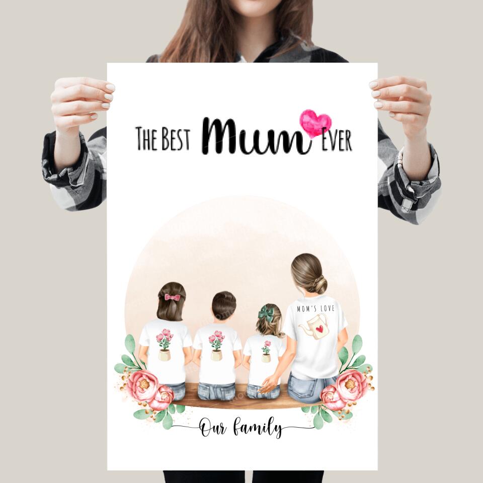 Mutter mit drei Kindern - Personalisiertes Geschenk - Leinwand