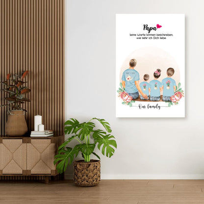 Vater mit drei Kindern - Personalisiertes Geschenk  - Leinwand