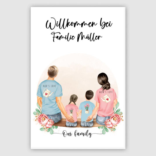 Vater und Mutter mit zwei Kindern - Personalisiertes Geschenk - Alu-Dibond