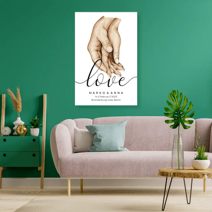 Personalisiertes Pärchen-Poster ,,Liebende Hände" - Leinwand