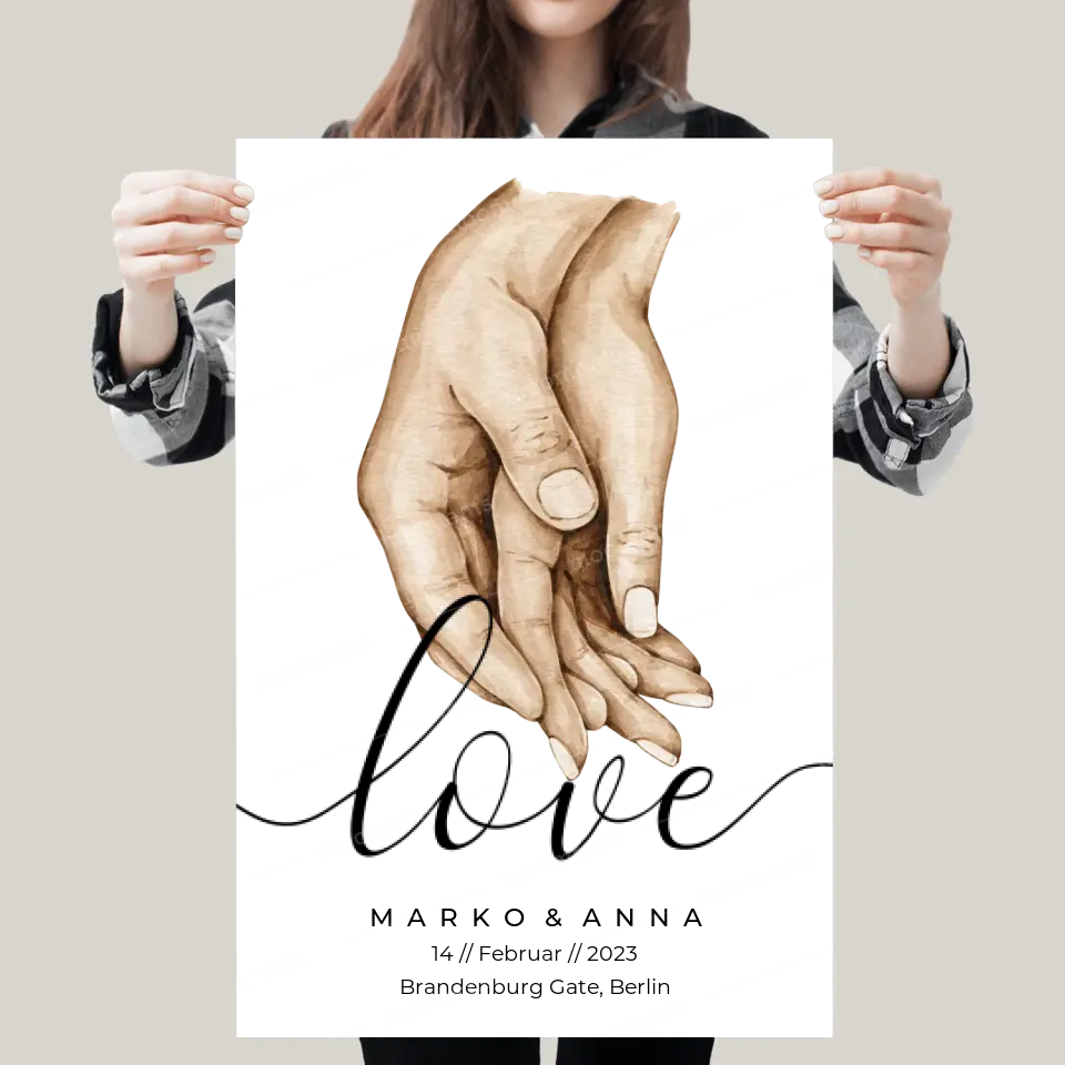 Personalisiertes Pärchen-Poster ,,Liebende Hände" - Leinwand