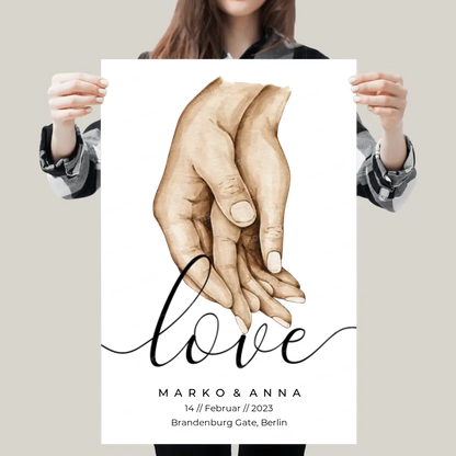 Personalisiertes Pärchen-Poster ,,Liebende Hände" - Leinwand