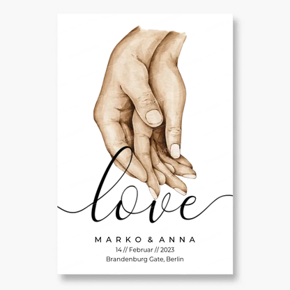 Personalisiertes Pärchen-Poster ,,Liebende Hände" - Leinwand