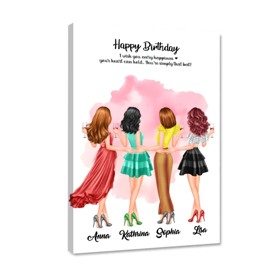4 Freundinnen Bild Geschenk personalisiert - Leinwand