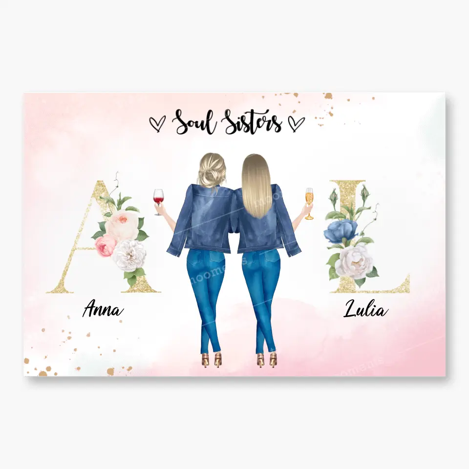 2 Freundinnen mit geblümten Buchstaben - individuelles Geschenk - Poster
