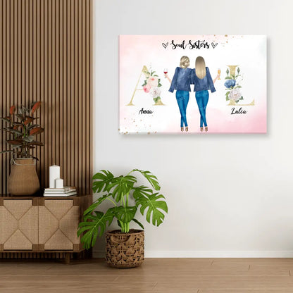 2 Freundinnen mit geblümten Buchstaben - individuelles Geschenk - Leinwand