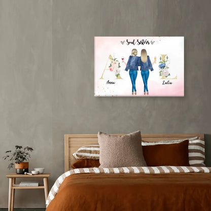 2 Freundinnen mit geblümten Buchstaben - individuelles Geschenk - Leinwand