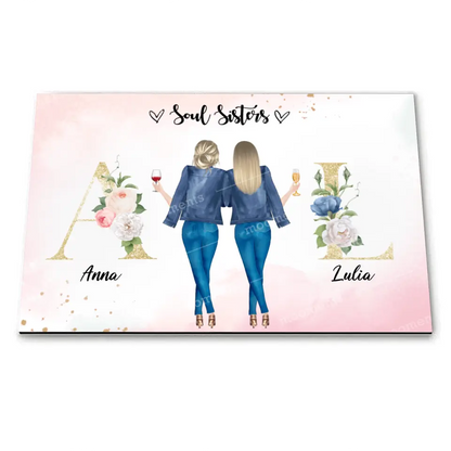 2 Freundinnen mit geblümten Buchstaben - individuelles Geschenk - Leinwand