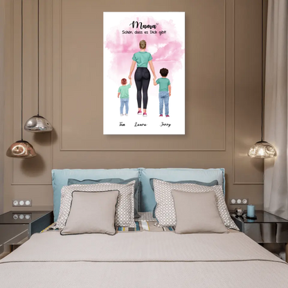 Mutter mit zwei Söhnen - personalisiertes Geschenk - Leinwand