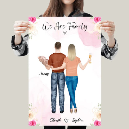 Personalisiertes Geschenk Ehepaar mit neugeborenem Baby - Alu-Dibond