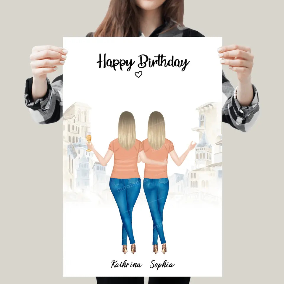 2 Freundinnen - Personalisiertes Geburtstagsgeschenk - Alu-Dibond