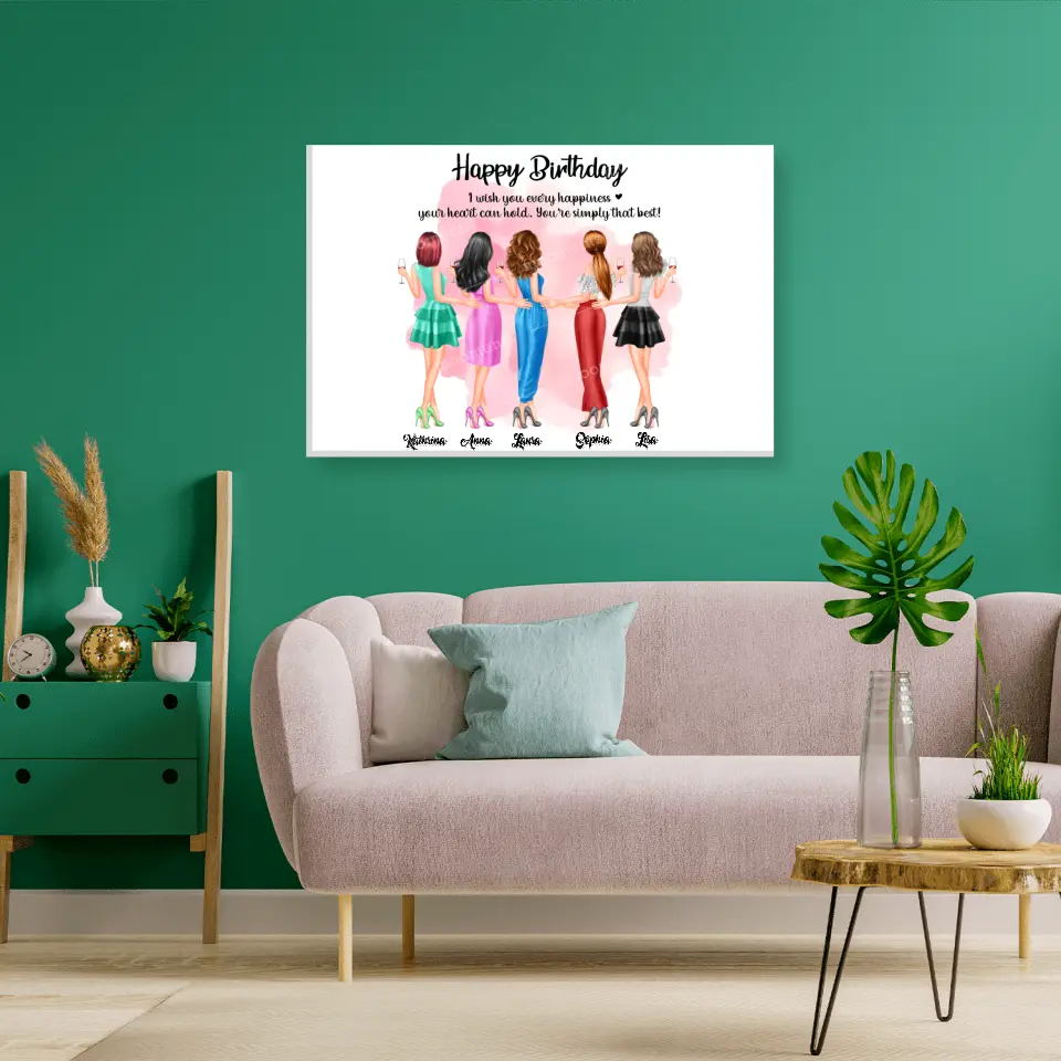 5 Freundinnen Bild Geschenk personalisiert - Leinwand