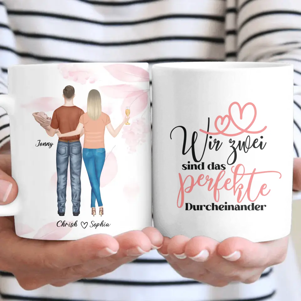 Personalisiertes Geschenk Ehepaar mit neugeborenem Baby - Herz Tassen