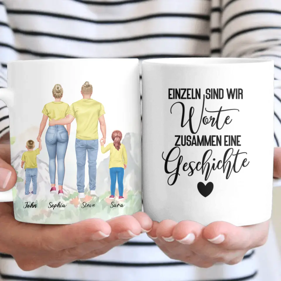Vater und Mutter mit zwei Kindern - personalisiertes Geschenk - Herz Tassen