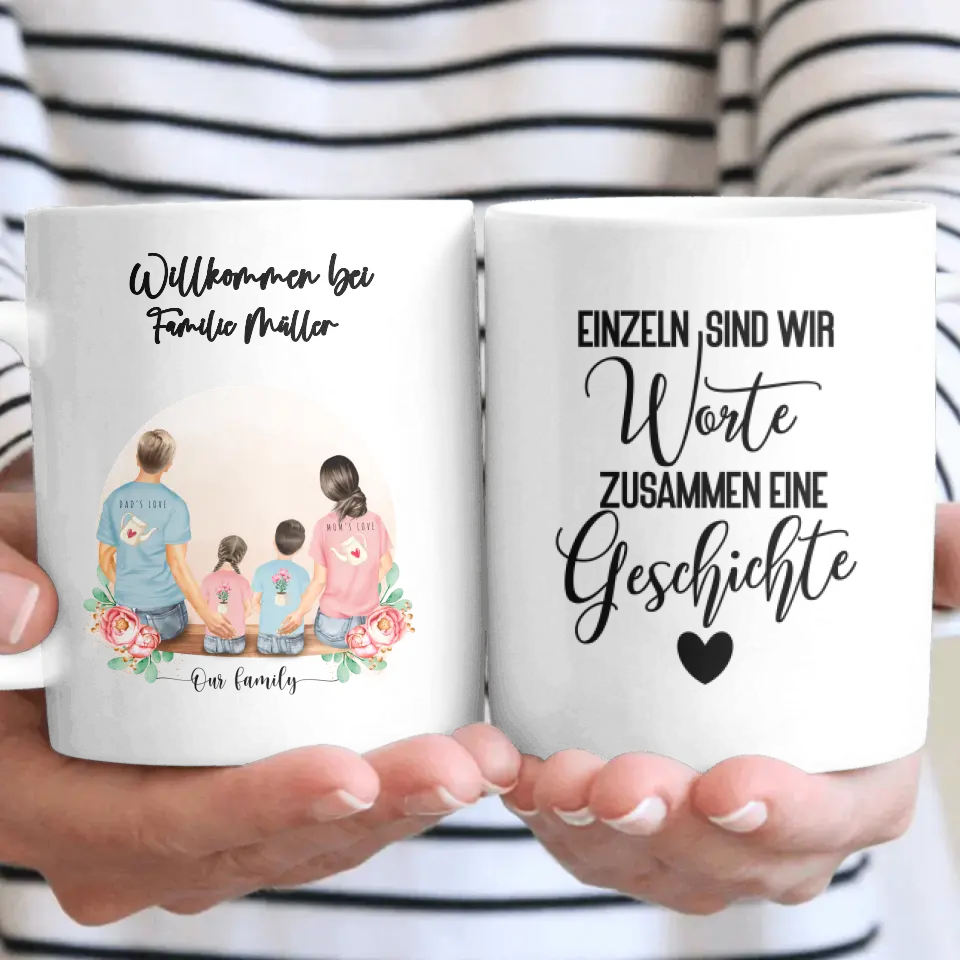 Vater und Mutter mit zwei Kindern - Personalisiertes Geschenk - Tassen