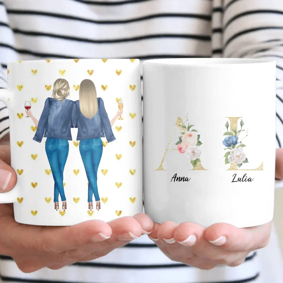 2 Freundinnen mit geblümten Buchstaben - individuelles Geschenk - Herz Tassen