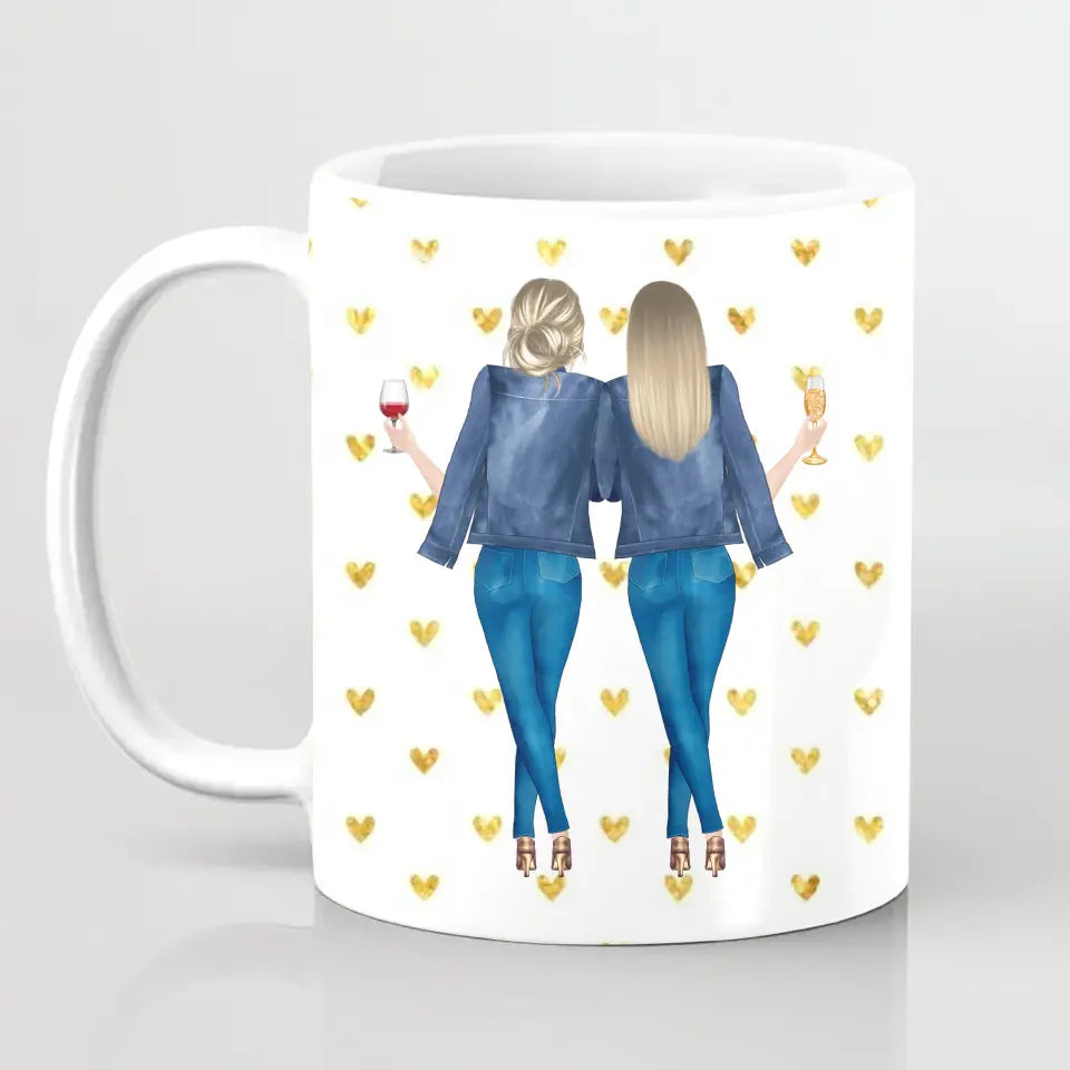 2 Freundinnen mit geblümten Buchstaben - individuelles Geschenk - Herz Tassen