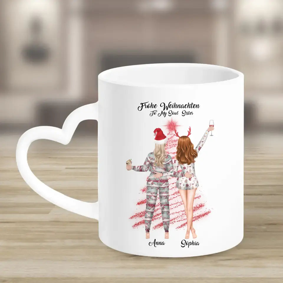 Zwei Freunde im Pyjama Personalisiertes Weihnachtsgeschenk - Herz Tassen