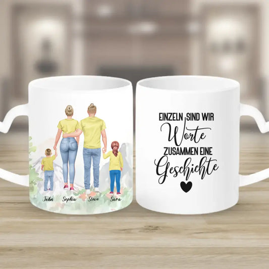 Vater und Mutter mit zwei Kindern - personalisiertes Geschenk - Herz Tassen
