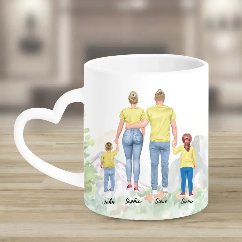 Vater und Mutter mit zwei Kindern - personalisiertes Geschenk - Herz Tassen