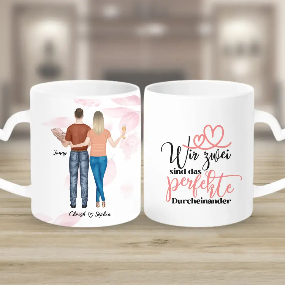 Personalisiertes Geschenk Ehepaar mit neugeborenem Baby - Herz Tassen